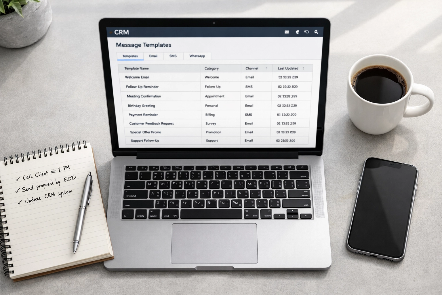 CRM dashboard displaying automated message templates for contractor follow-ups