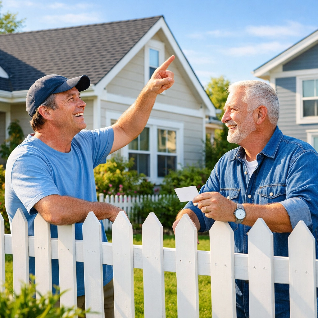 Homeowner referring roofing contractor to neighbor after successful roof installation