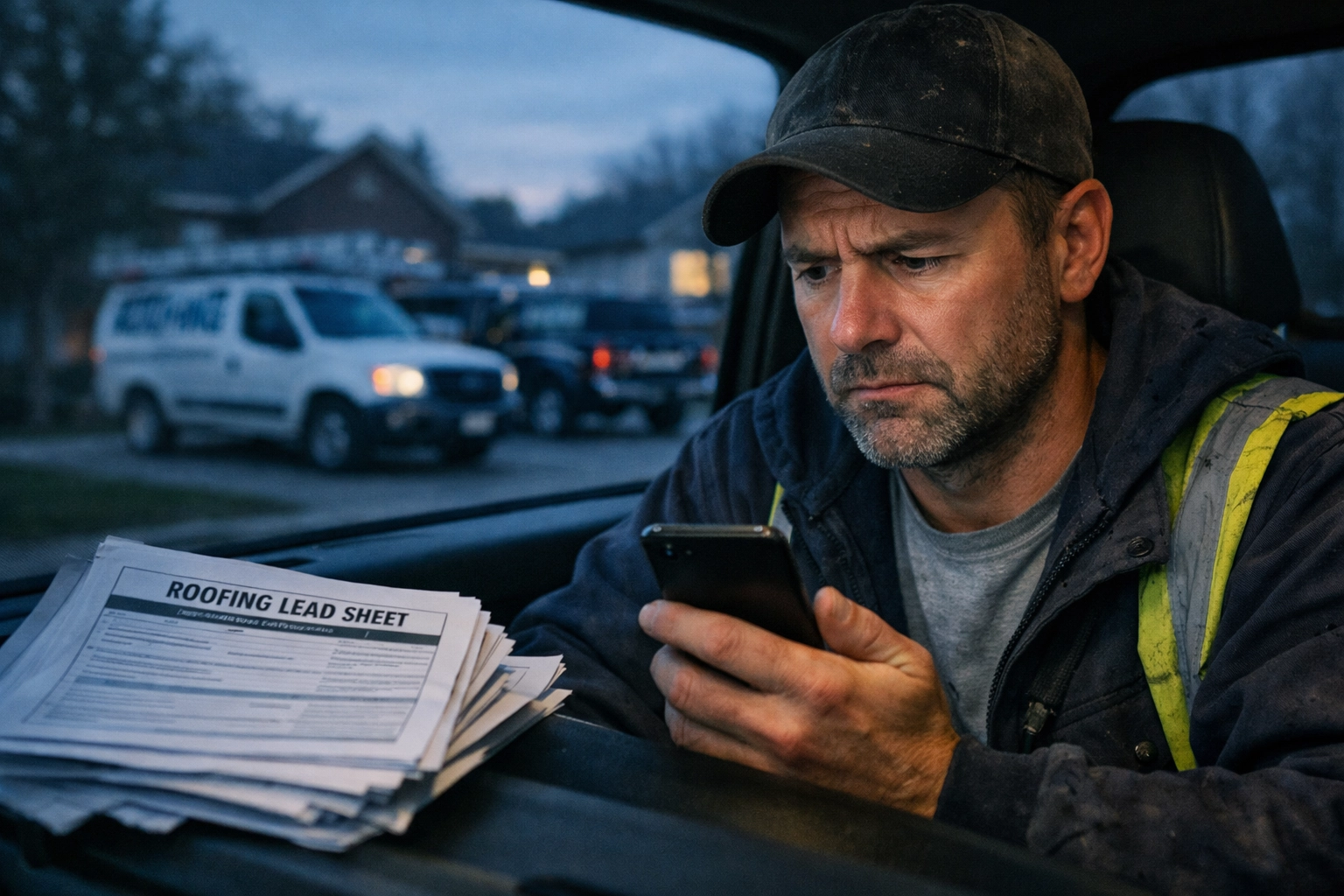 Roofing contractor reviewing expensive HomeAdvisor leads in truck with competing contractors nearby