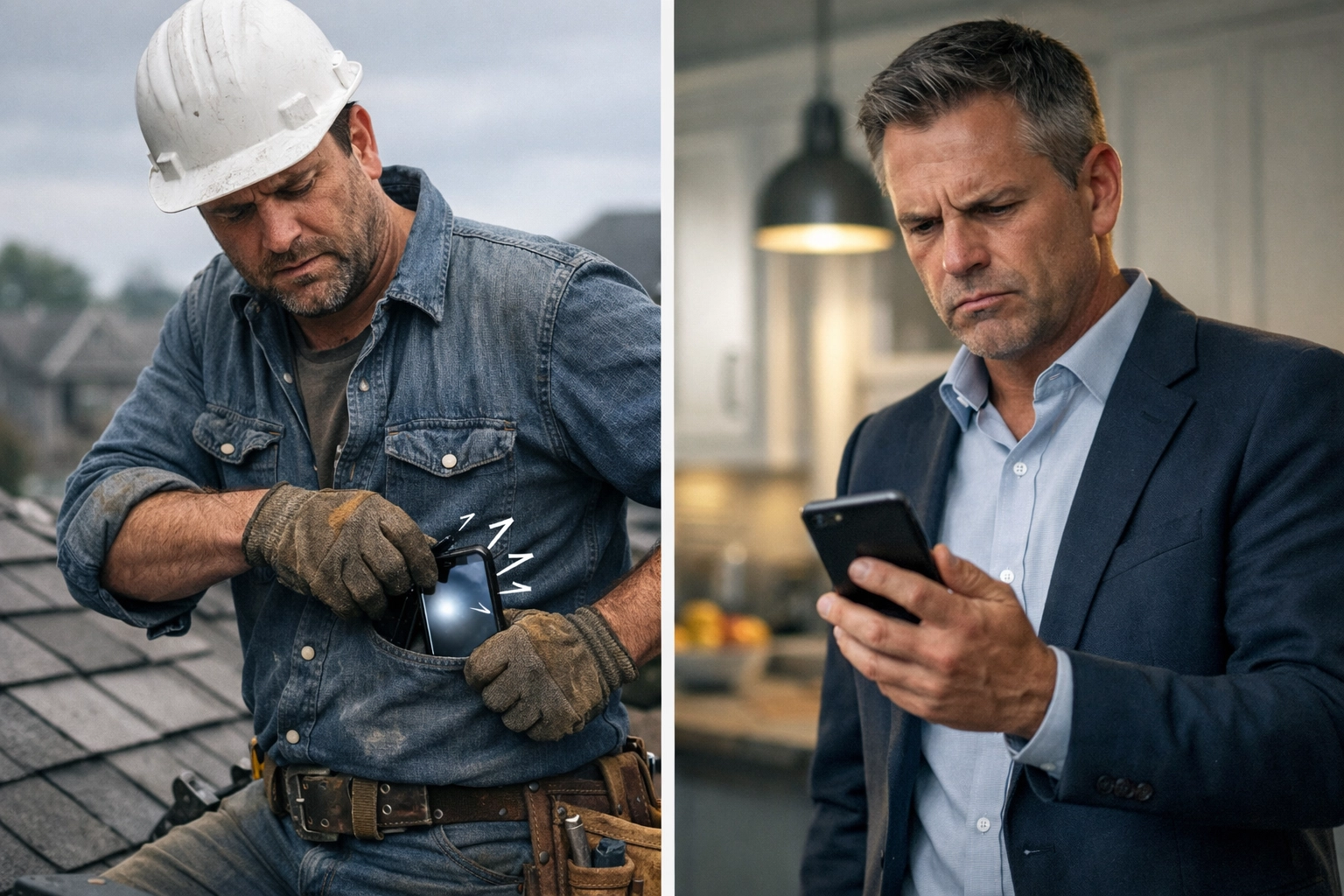 Contractor on roof missing phone call while homeowner waits to book service