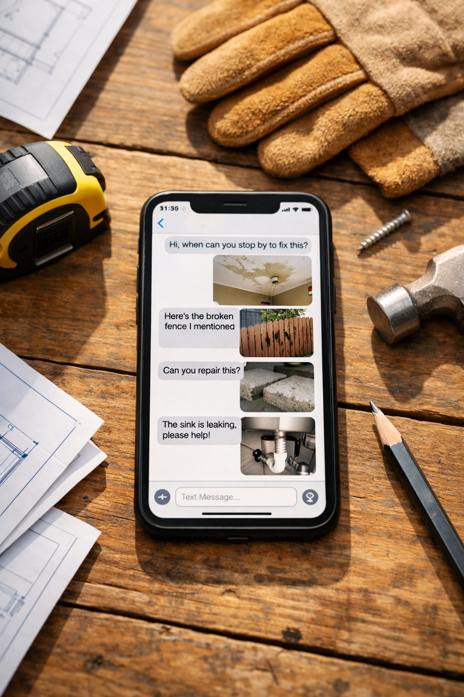 Contractor phone showing missed call text messages and customer repair photos