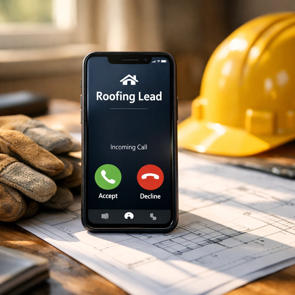 Incoming roofing lead call on smartphone next to contractor work equipment and blueprints