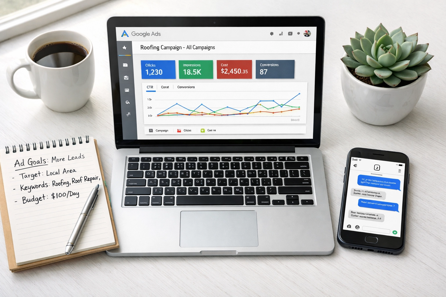 Google Ads dashboard showing roofing lead campaign performance and marketing metrics