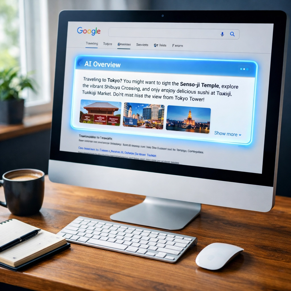 Google AI Overview search results displayed on desktop computer showing top ranking position