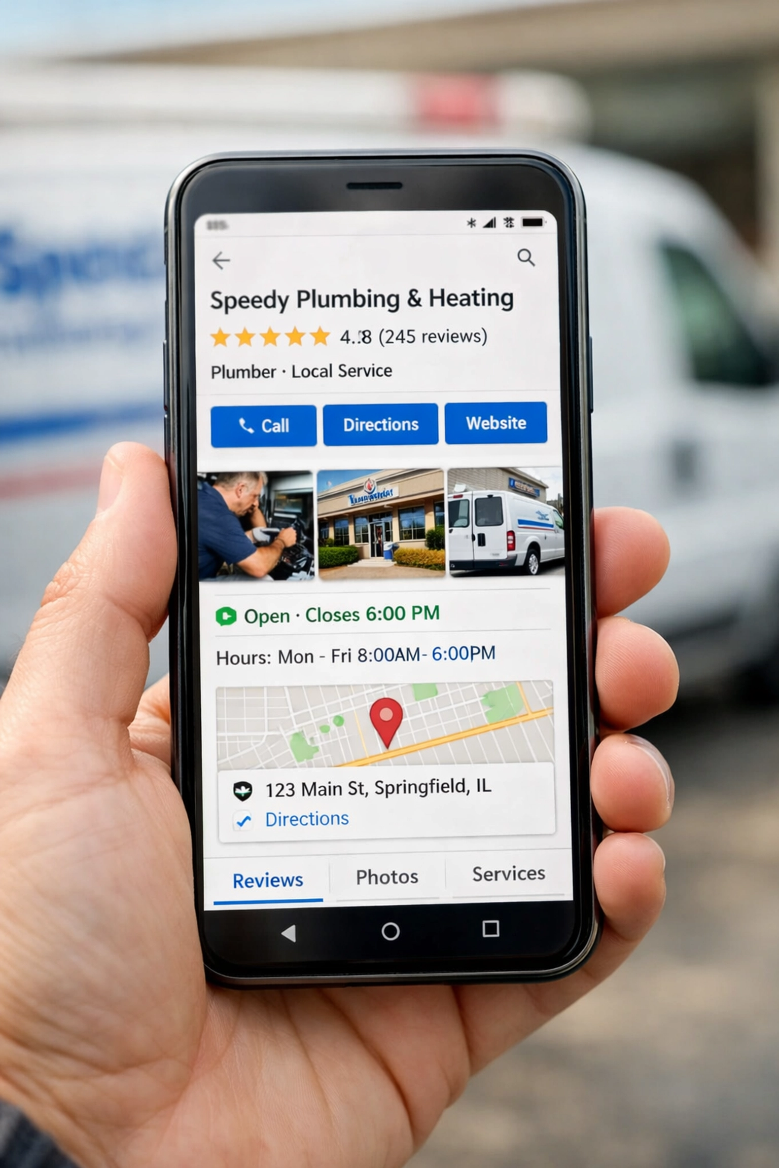 Google Business Profile displayed on smartphone showing local business listing and reviews