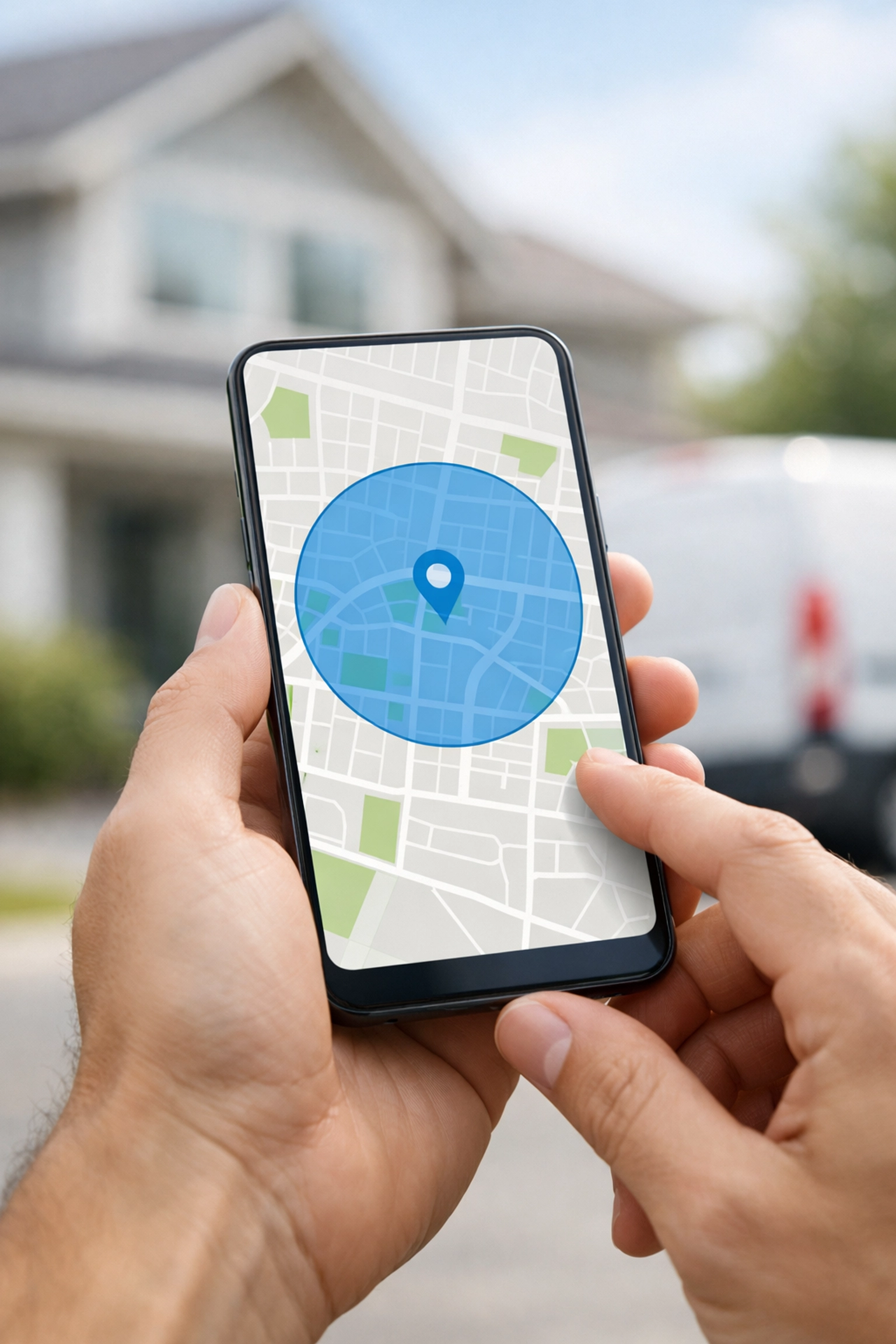 Local SEO for plumbers: A smartphone displaying a service area map in a residential neighborhood.