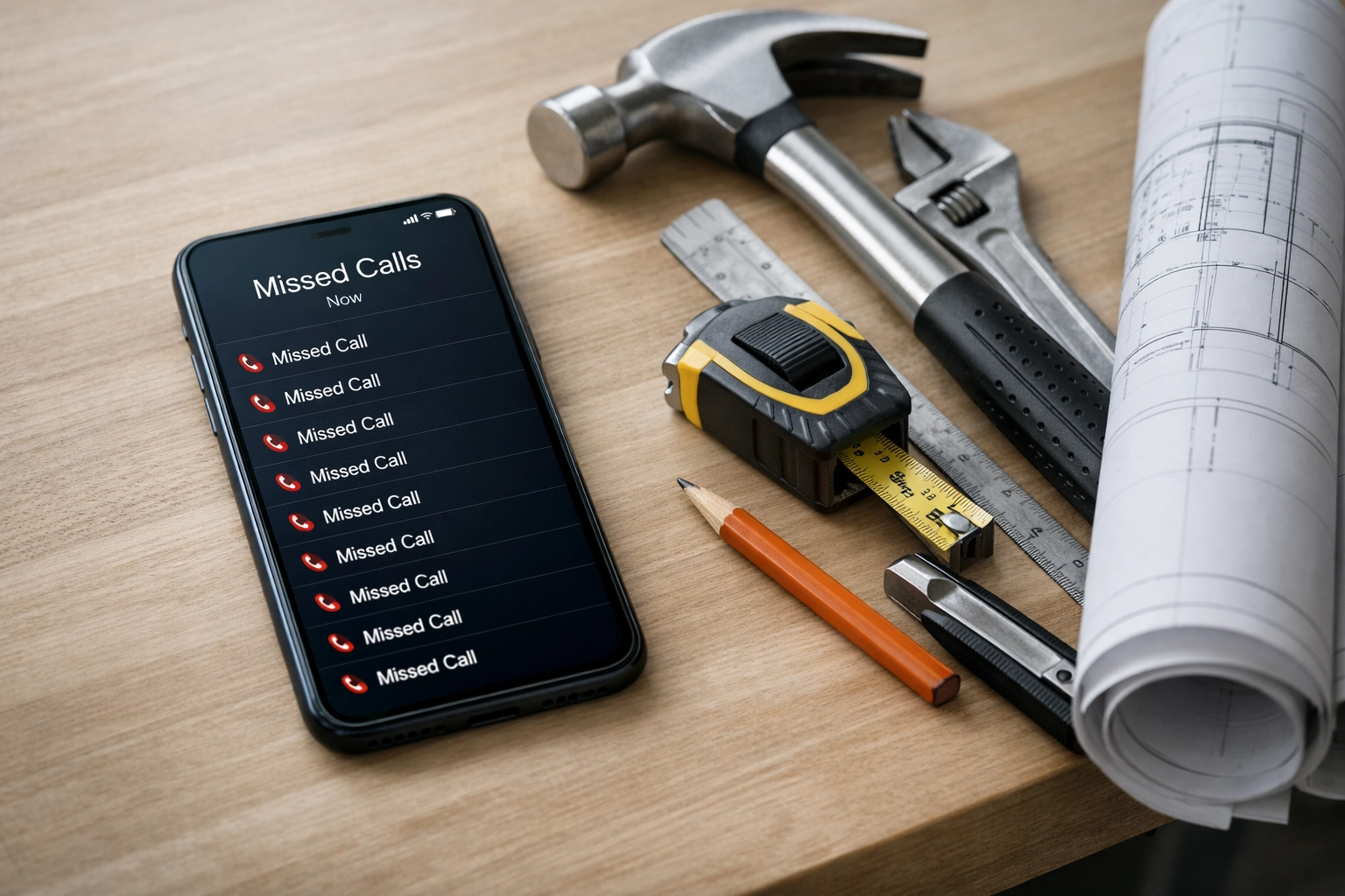 Smartphone on a contractor's workbench showing missed call notifications and lost lead opportunities.