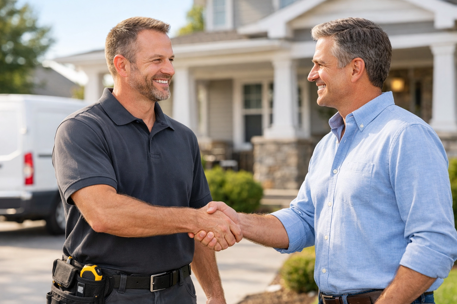 Contractor shaking hands with a happy homeowner after closing a deal using a smart booking system.