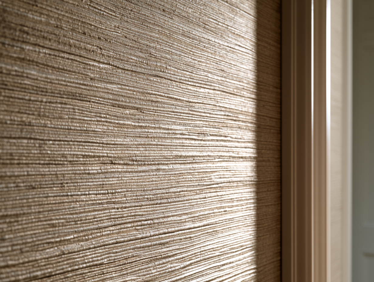 Close-up of textured beige wall surface next to a door frame in soft light.