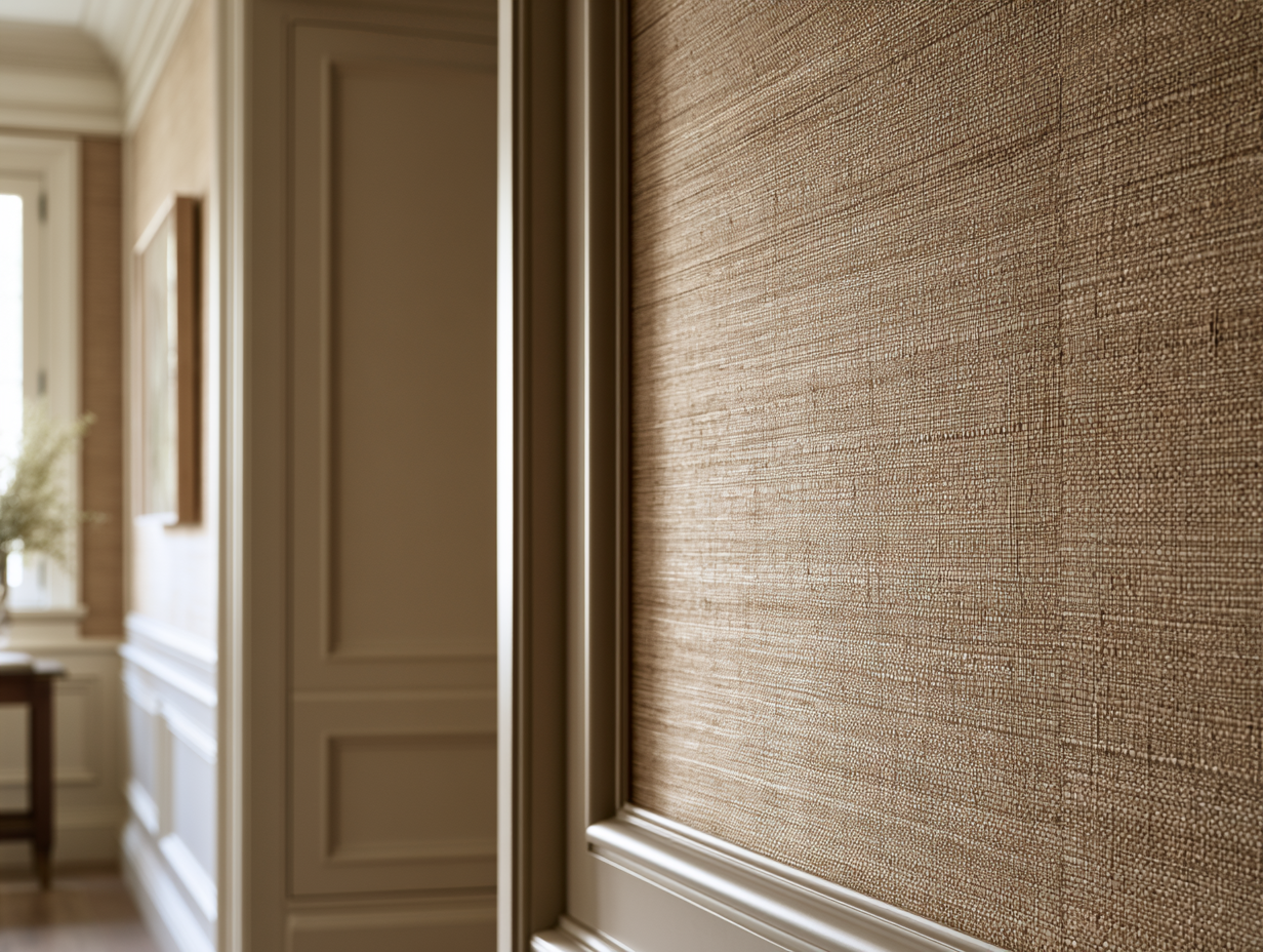 Close-up of textured beige wallpaper with molding in an elegant room interior.