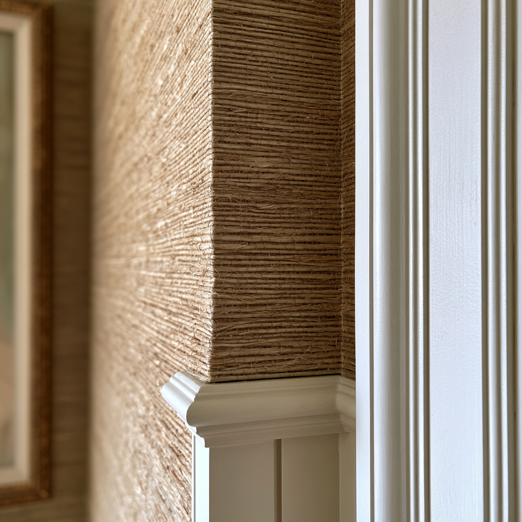 Close-up of natural textured grasscloth wall covering with white wooden trim and molding.