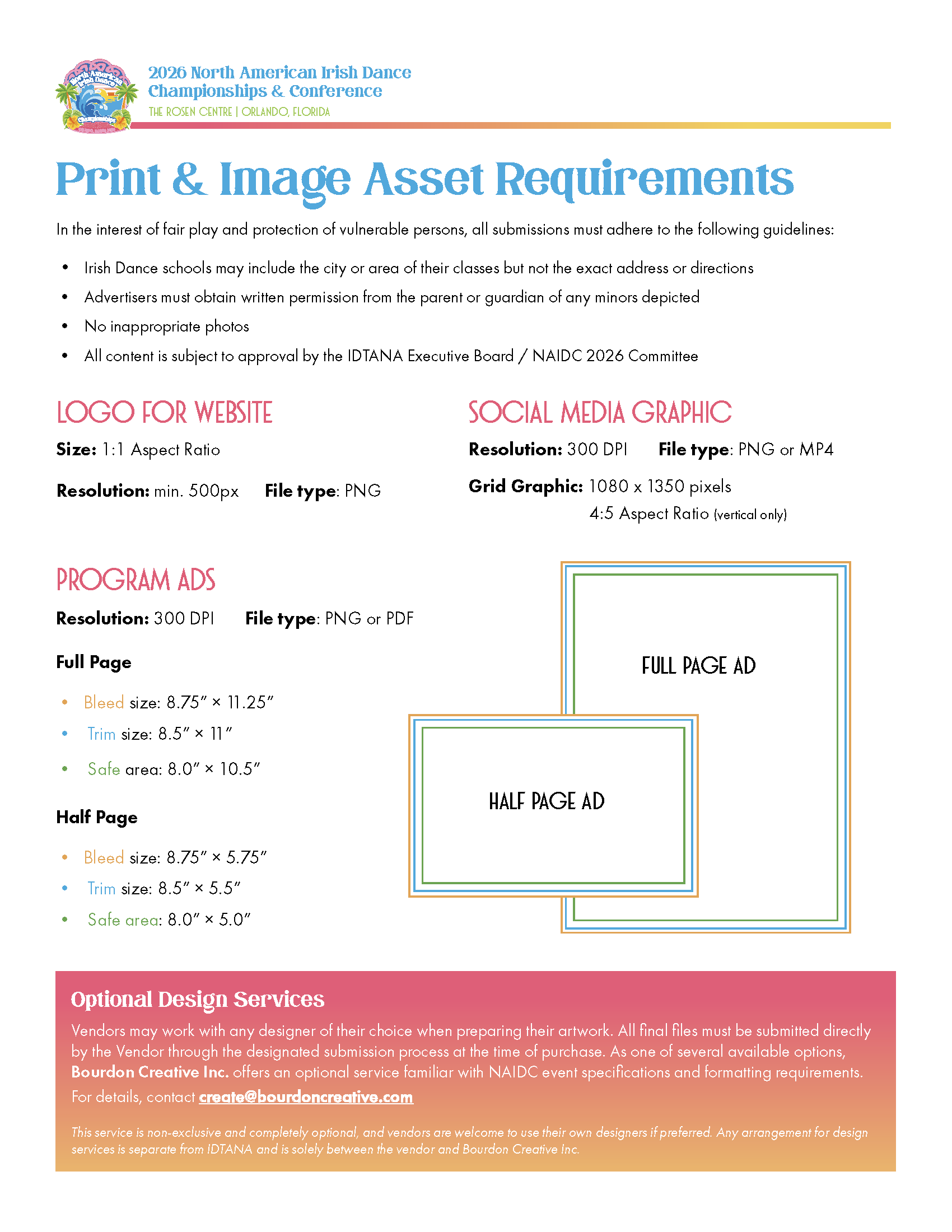 2026 NAIDC print and image asset guidelines on logos, social media, and program ads with sizes and resolutions.