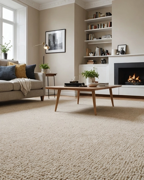 Lush premium living room carpet in soft beige installed by All American Discount Flooring