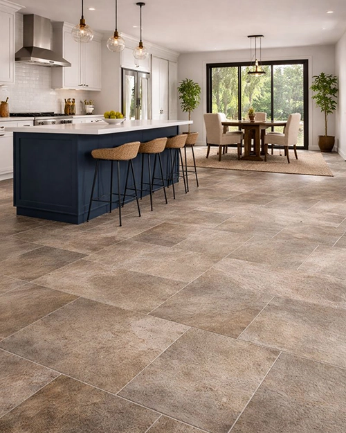 Sheet Vinyl in warm tones in luxury kitchen by All American Discount Flooring