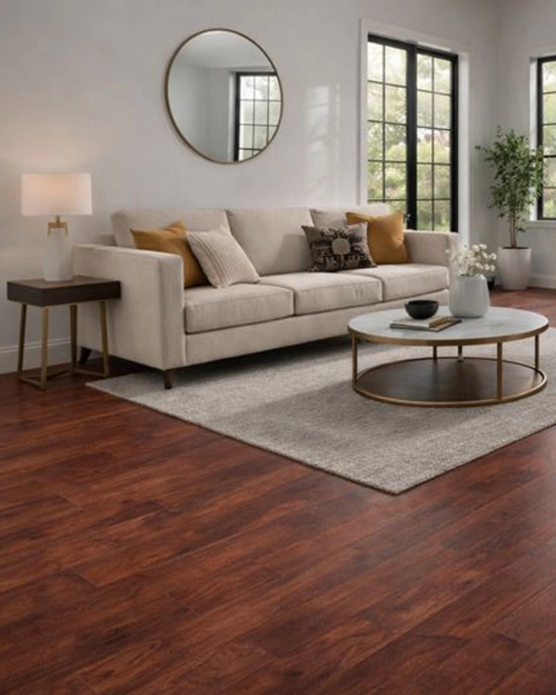 Dark cherry wood colored laminate flooring installed by All American Discount Flooring