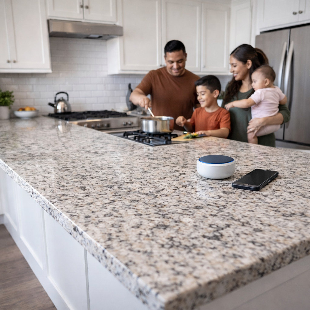 Family gathered in kitchen cooking with beautiful marble countertops.