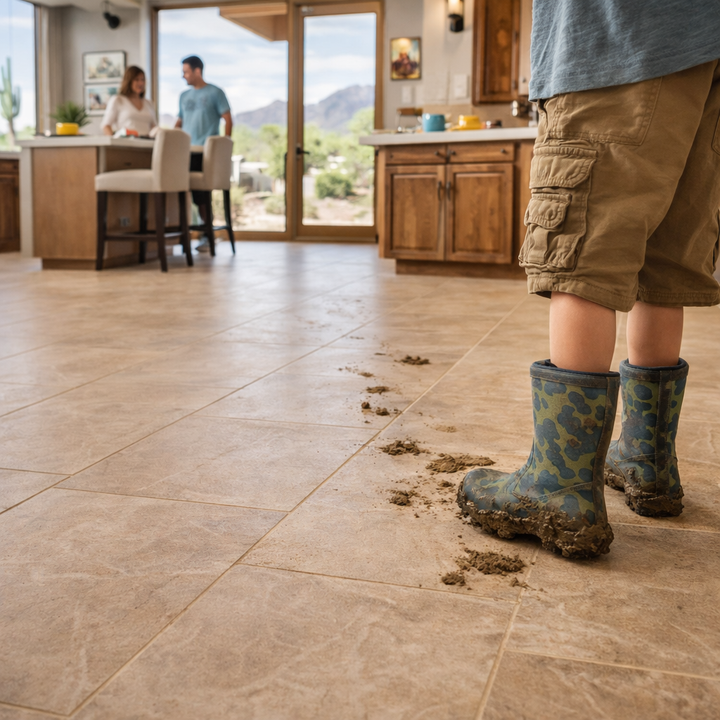 Kid with muddy boots walks across a tile kitchen floor.
