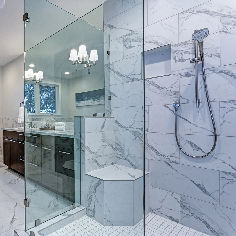 Bathroom tile in clean modern bathroom with a walk in shower.