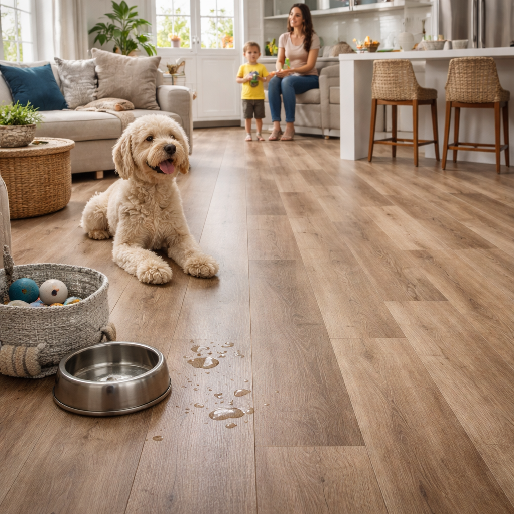 Luxury vinyl plank flooring in living room with family dog that dribbled water all over floor.
