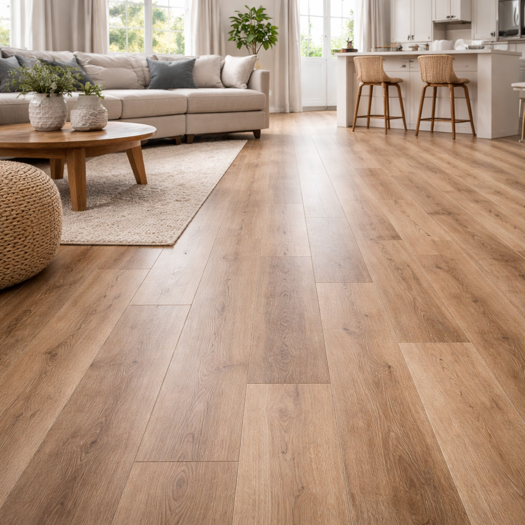 Luxury wood rained plank flooring in modern living space.