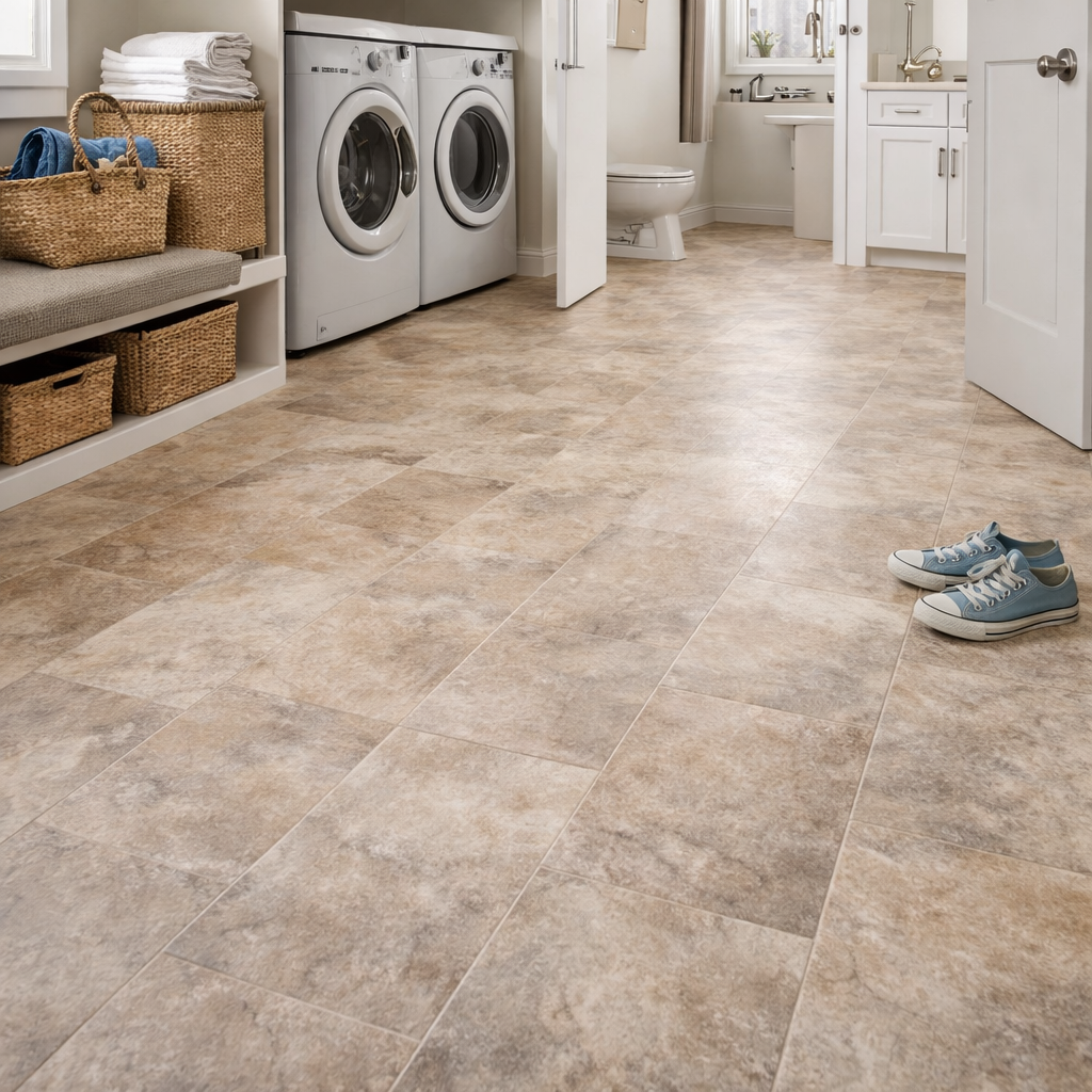 Sheet vinyl flooring in large mudroom with washer and dryer.