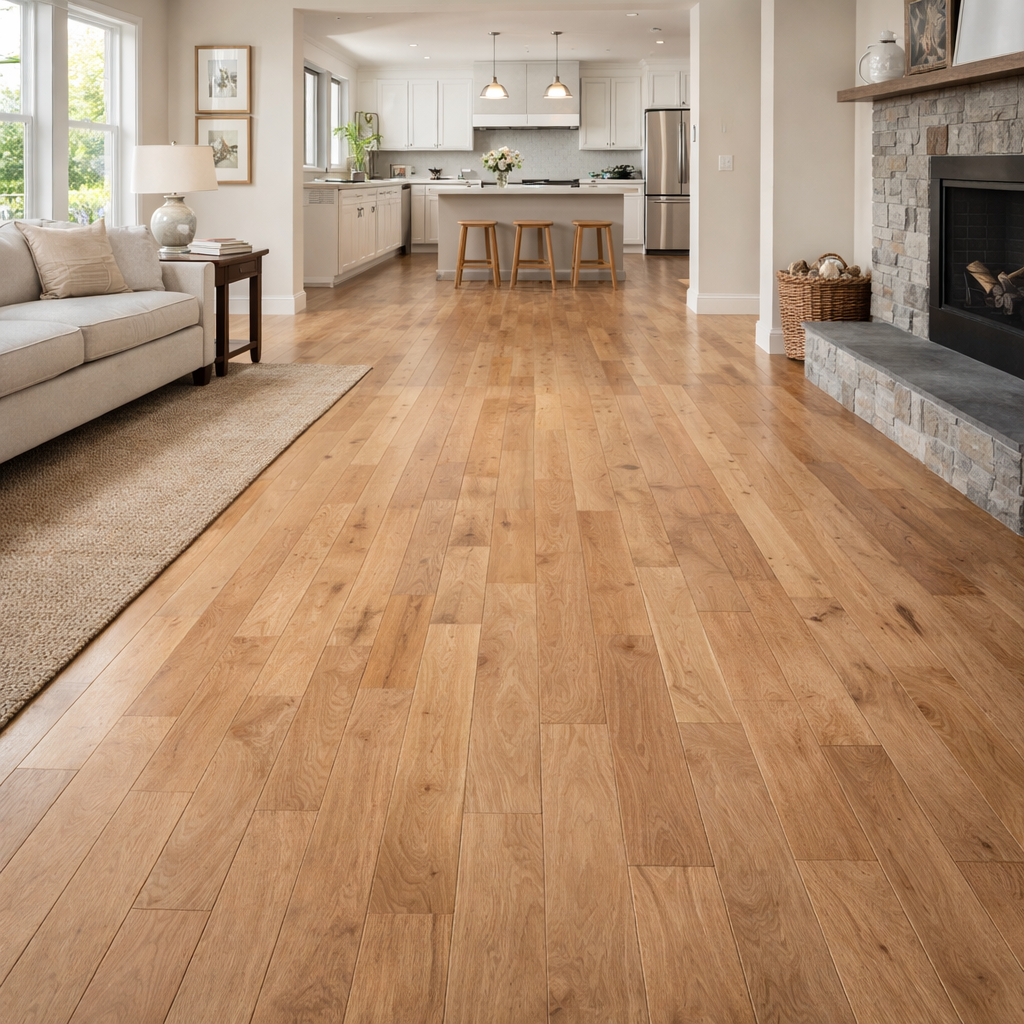 Large living room with light hardwood floors.