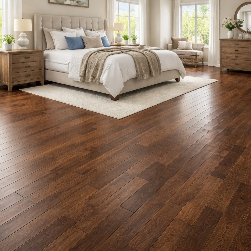 Beautiful master bedroom with dark hardwood floors.