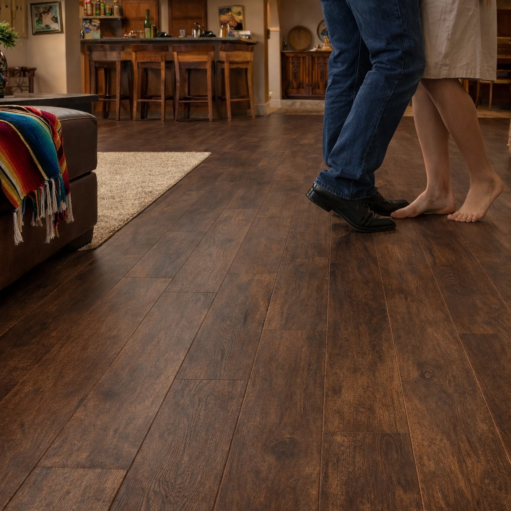 Mom and dad dancing in the living room on laminate flooring.
