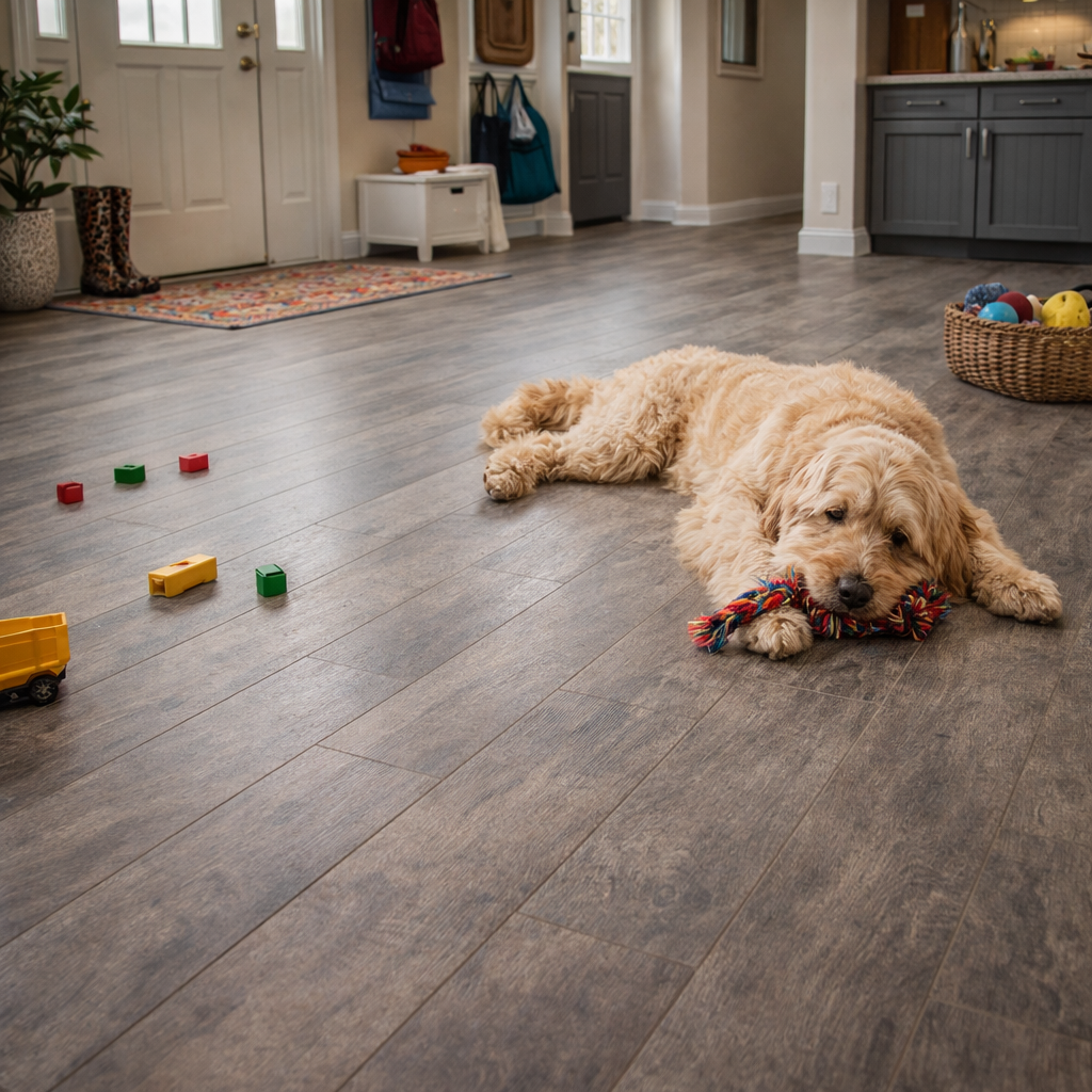 Dog chewing on toy on laminate flooring with kids toys laying around.
