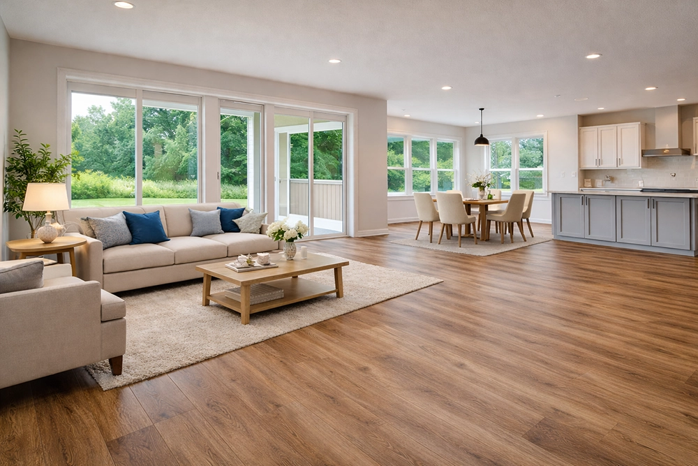 Bright open concept Yakima living room with luxury vinyl plank flooring installed by All American Discount Flooring & Countertops