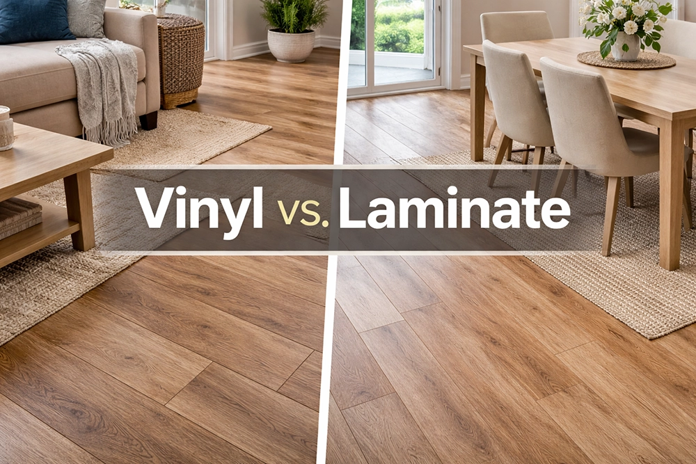Side-by-side vinyl vs laminate flooring comparison in a Yakima home by All American Discount Flooring & Countertops