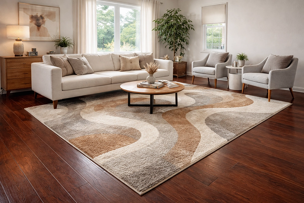 Modern Yakima living room with hardwood flooring and large neutral area rug installed by All American Discount Flooring & Countertops