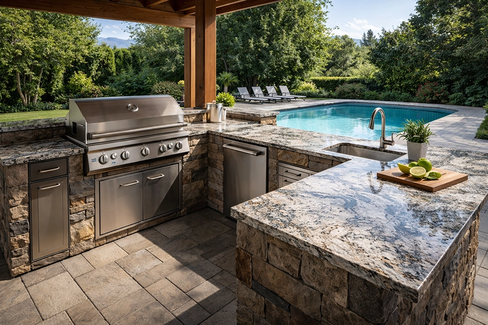 Modern Yakima outdoor kitchen with granite countertops and built-in grill installed by All American Discount Flooring & Countertops