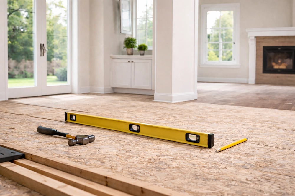 Professional Yakima flooring project leveling subfloor before hardwood installation by All American Discount Flooring & Countertops