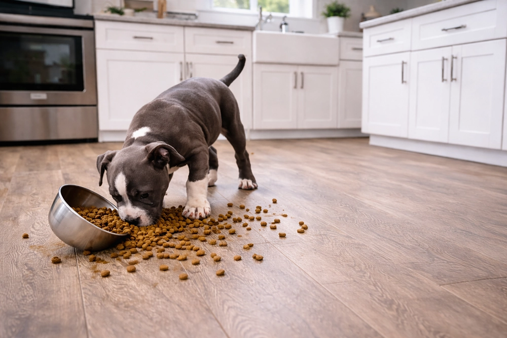 Modern Yakima kitchen with light wood-look flooring and playful pit bull puppy making a mess on the floor by All American Discount Flooring & Countertops