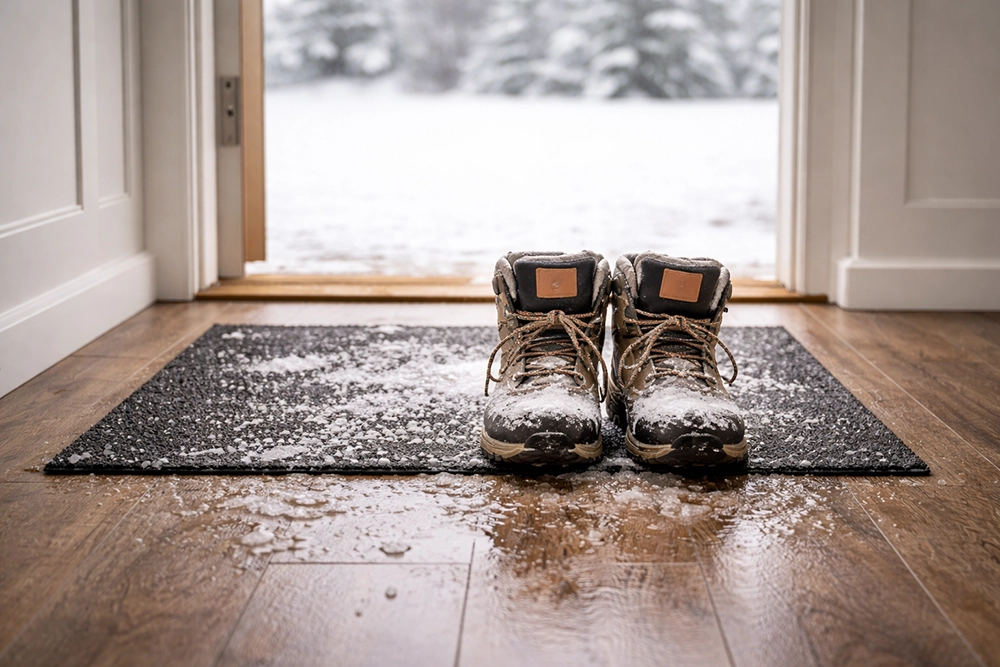 Snow-covered boots on a dark entry mat inside a Yakima home with waterproof wood-look flooring by All American Discount Flooring & Countertops