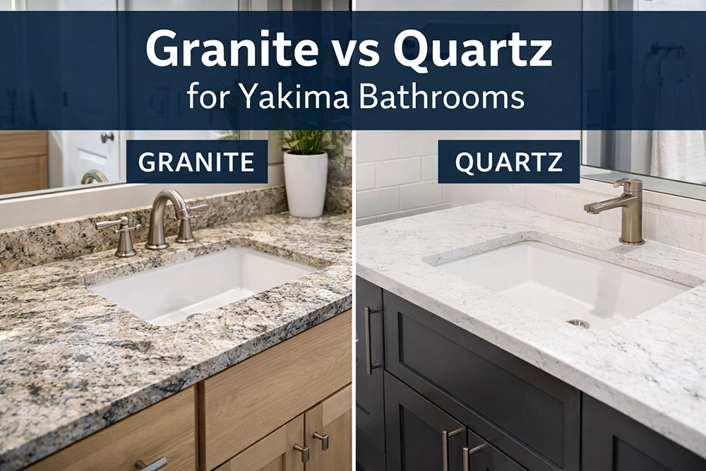 Granite and quartz bathroom countertop comparison in a Yakima home by All American Discount Flooring & Countertops