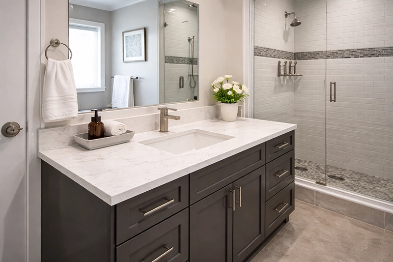 Yakima bathroom featuring white quartz countertops installed by All American Discount Flooring & Countertops