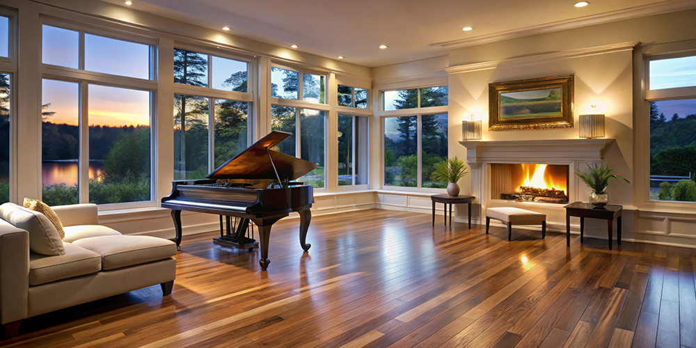 Luxury living room with hardwood flooring, large windows, grand piano, and fireplace overlooking a scenic outdoor view