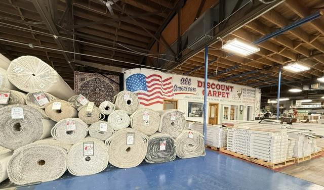 All American Discount Carpet showroom in Yakima with large in-stock carpet selection and flooring ready for quick installation