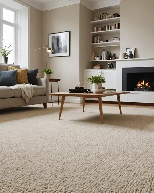 Lush premium living room carpet in soft beige installed by All American Discount Flooring