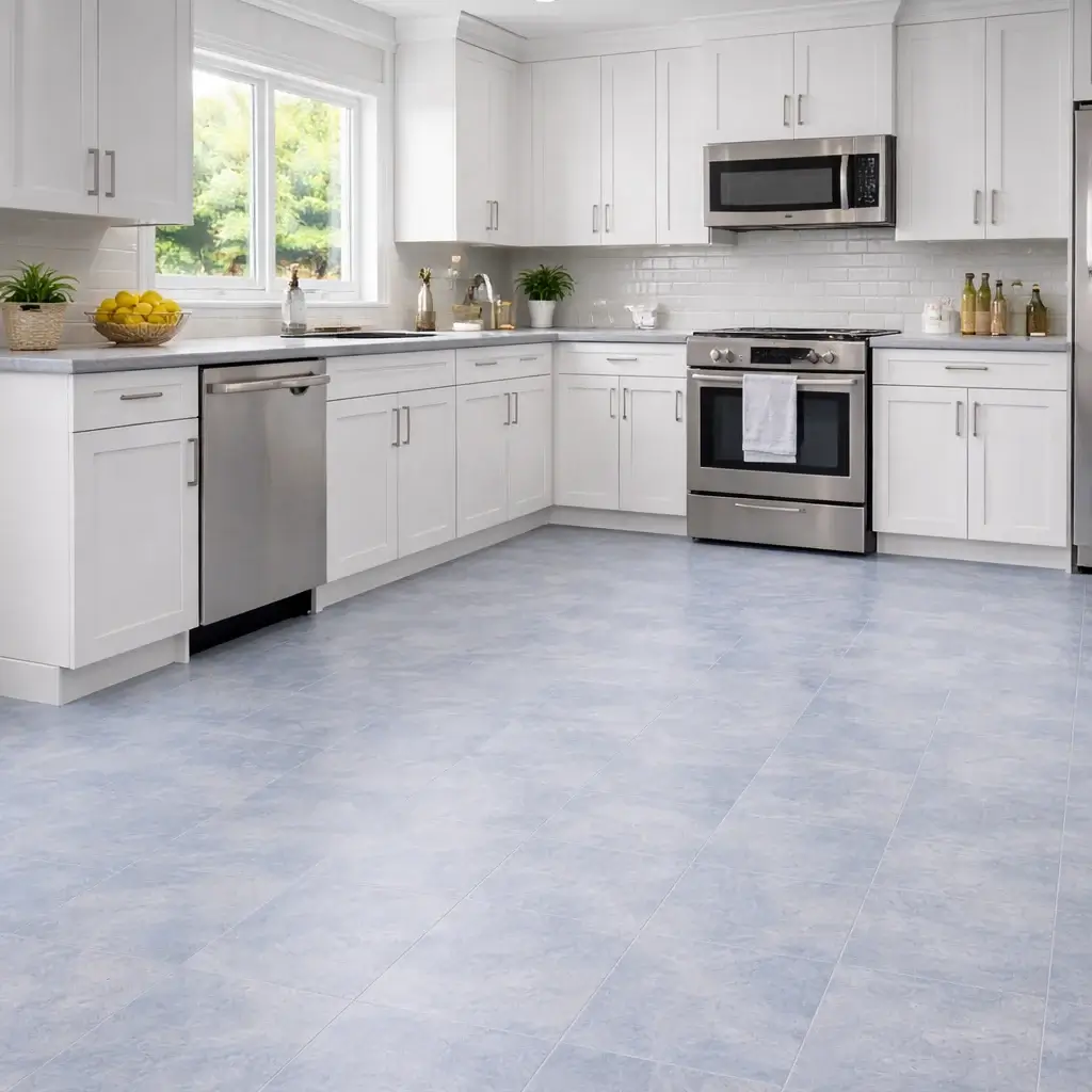 Modest sheet vinyl kitchen floor.