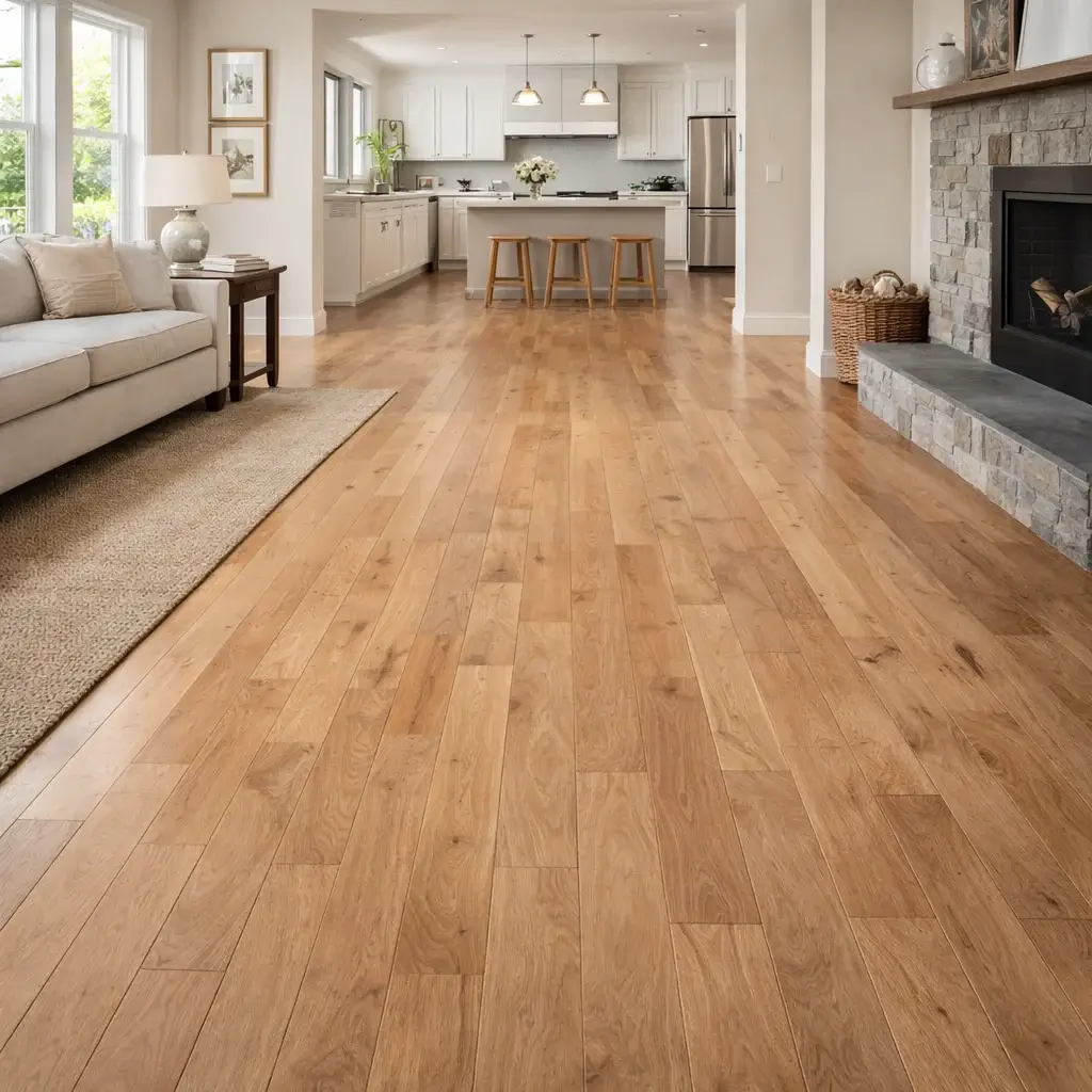 Large living room with light hardwood floors.