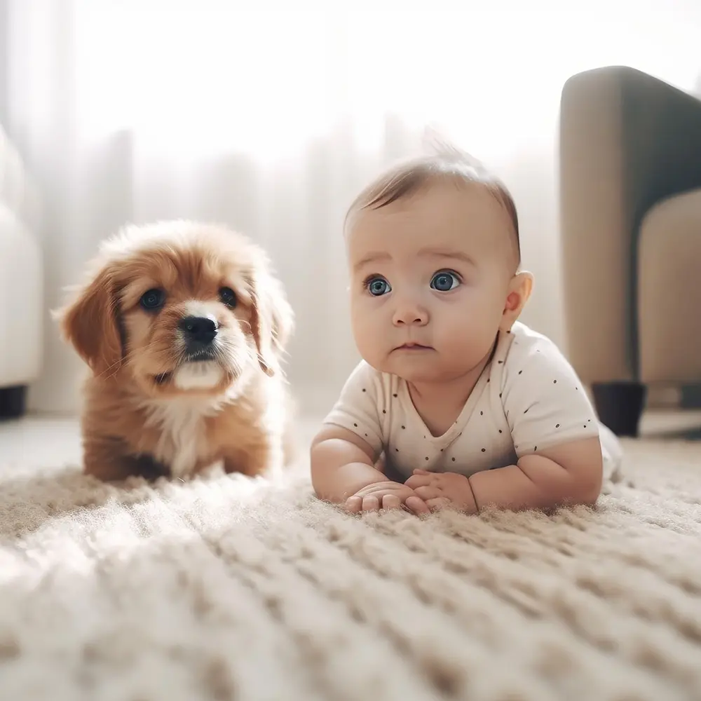 Sweet puppy and baby on plush carpet flooring.