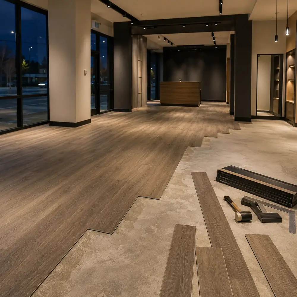 New commercial vinyl plank flooring being installed after hours in a Yakima business
