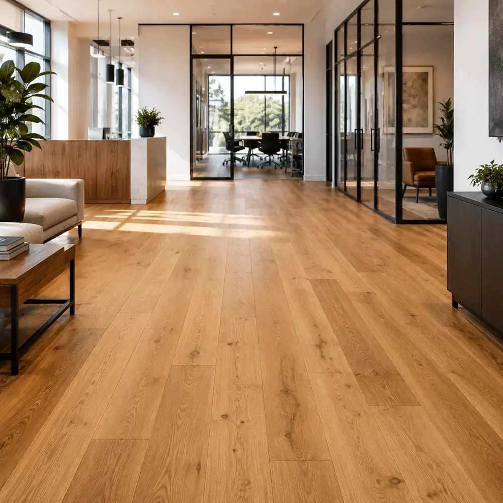 Finished commercial office with warm engineered hardwood flooring in Yakima