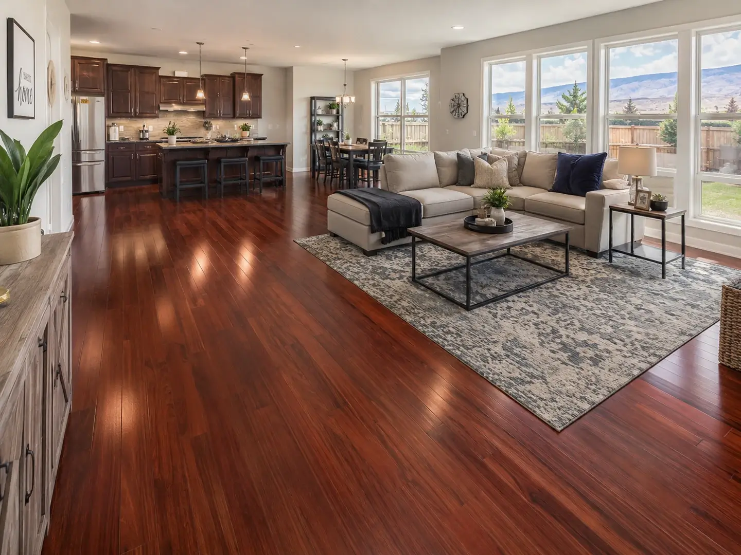 Freshly installed flooring in a bright Selah family home living room.