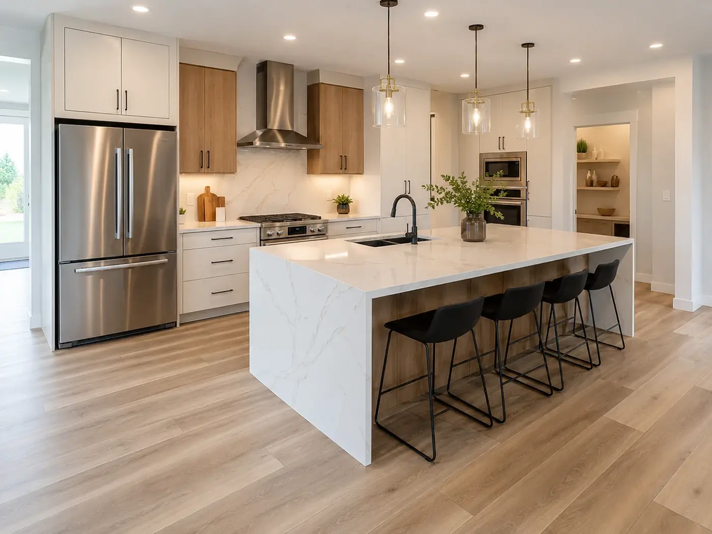 Updated Sunnyside kitchen with new flooring and stone countertops.
