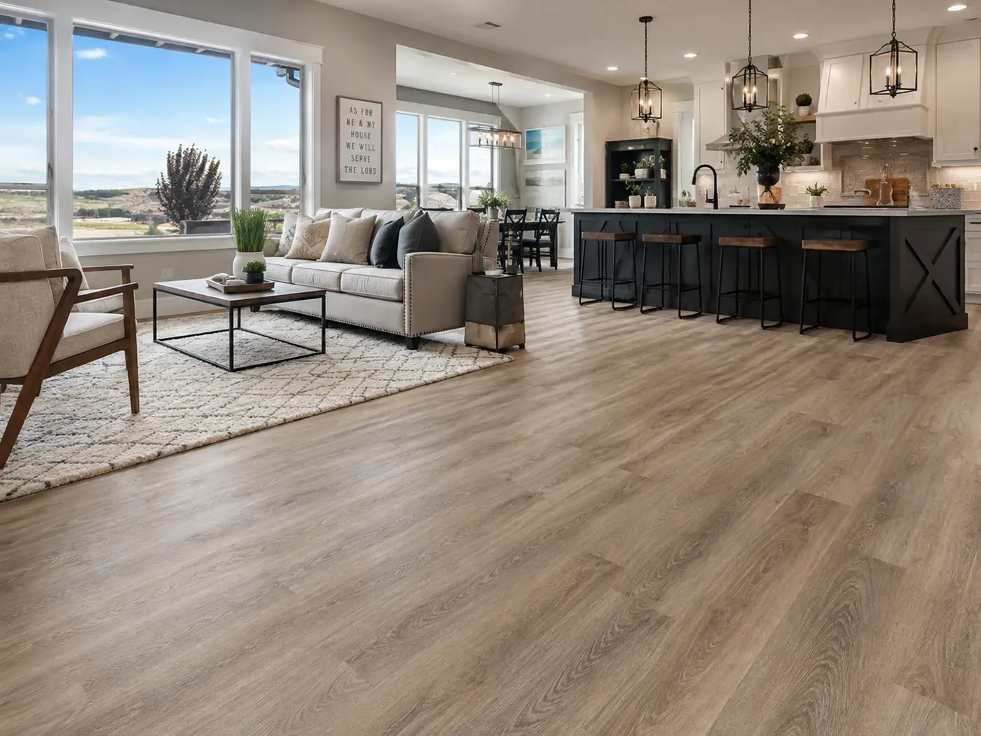 Grandview home living area with new wood-look luxury vinyl plank flooring.