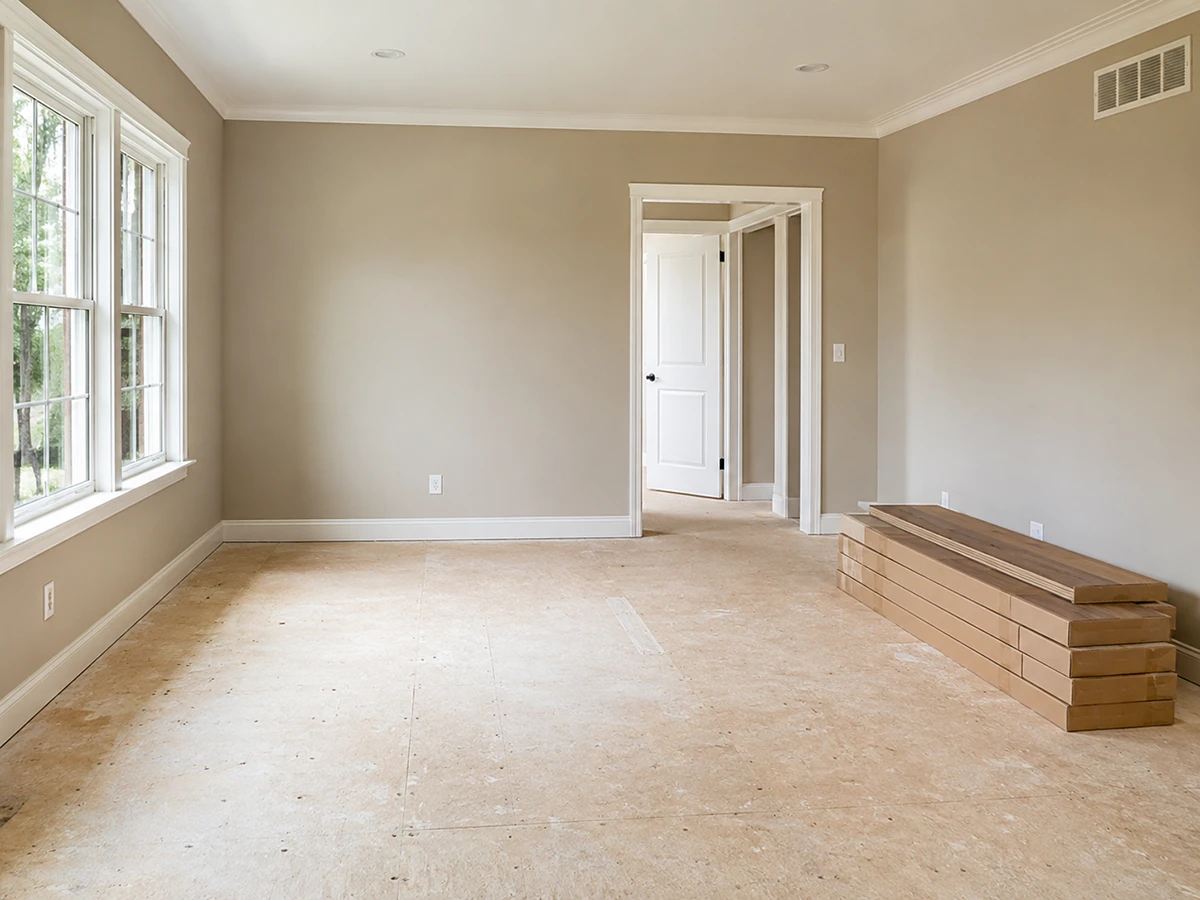 Living room cleared and ready for new flooring installation in a Yakima home.